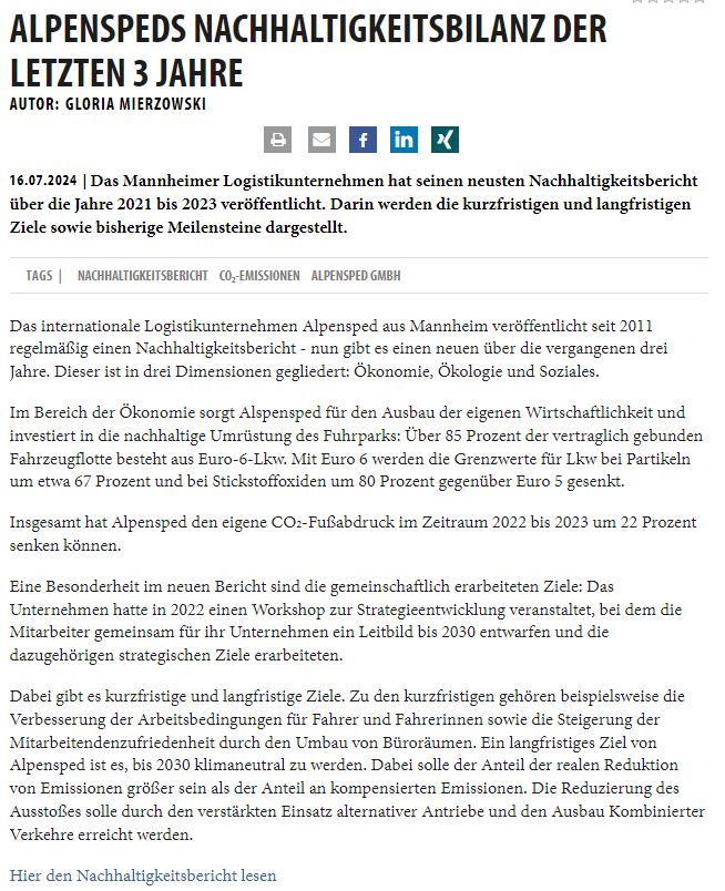 Alpenspeds Nachhaltigkeitsbilanz der letzten 3 Jahre
